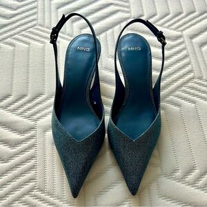 NWOT Mango Denim Pointed Kitten Slingback Heels 38 8